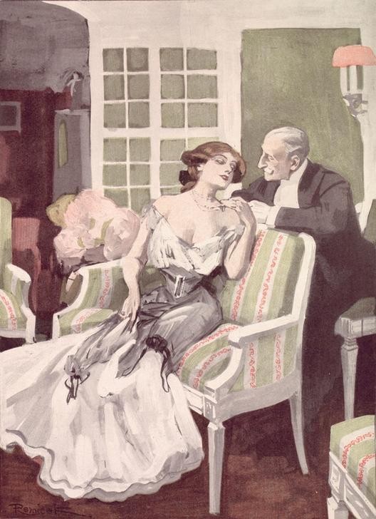 nach Ferdinand von Reznicek, Erfahrung. / Wenn eine junge Dame sagt: Diesen Schmuck hab’ ich von meinem Onkel, ... (Deutsche Kunst,Gesellschaftliches Leben,Gesellschaft,Jugendstil,Unter Vier Augen (Redewendung),Belle Epoque,Unterhaltung (Gespräch))