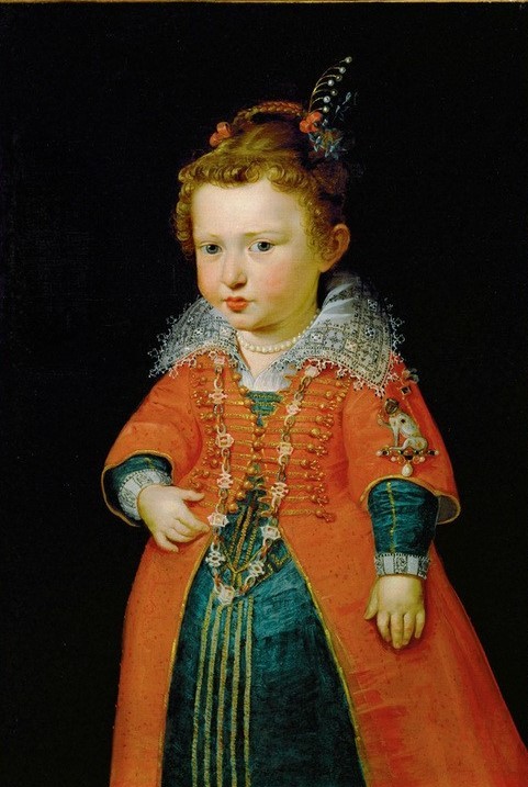 Peter Paul Rubens, Bildnis im Alter von zwei Jahren (Geschichte,Kaiserin,Kette (Schmuck),Kindermode,Kind,Mädchen,Mode,Schmuck,Perle,Barock,Hand,Portrait,Perlenkette,Niederländische Kunst,Kleid,Haarschmuck,Spitzenkragen,Kleidung (Allgemein),Kragen,Person)
