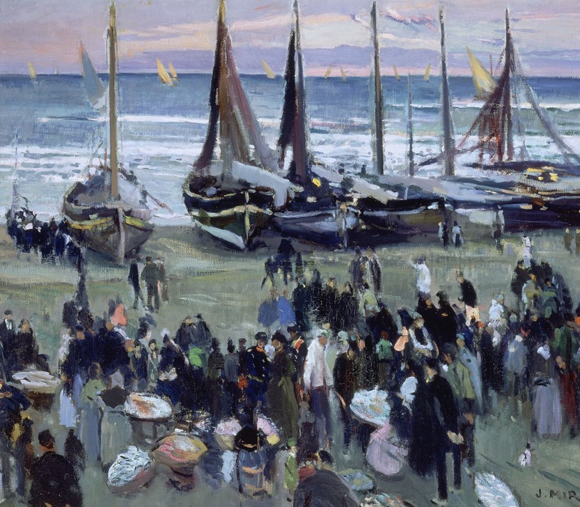 Joaquim Mir, Fischmarkt am Strand (Handel, Fischmarkt, Fischerboote, Fisch, Alltagskultur, Meeresfrüchte, Fischkutter, Post-Modernisme, Malerei, Klassische Moderne, Wunschgröße, Wohnzimmer, Treppenhaus, bunt)