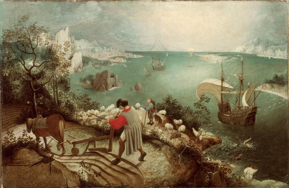 Pieter Brueghel der Ältere, Sturz des Ikarus (Ackerbau,Bauer (Landwirt),Landschaft,Mythologie,Pflug,Weltlandschaft,Niederländische Kunst,Griechisch-Römische Mythologie,Landwirtschaft)