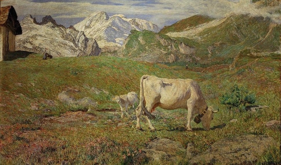 Giovanni Segantini, Pascoli di primavera (Gebirge,Jahreszeiten,Landschaft,Milchwirtschaft,Rind,Wetter,Schnee,Symbolismus,Frühling,Italienische Kunst,Alm,Schweizerische Kunst,Tier,Herde,Kalb,Berg,Landwirtschaft,Weide (Wiese))