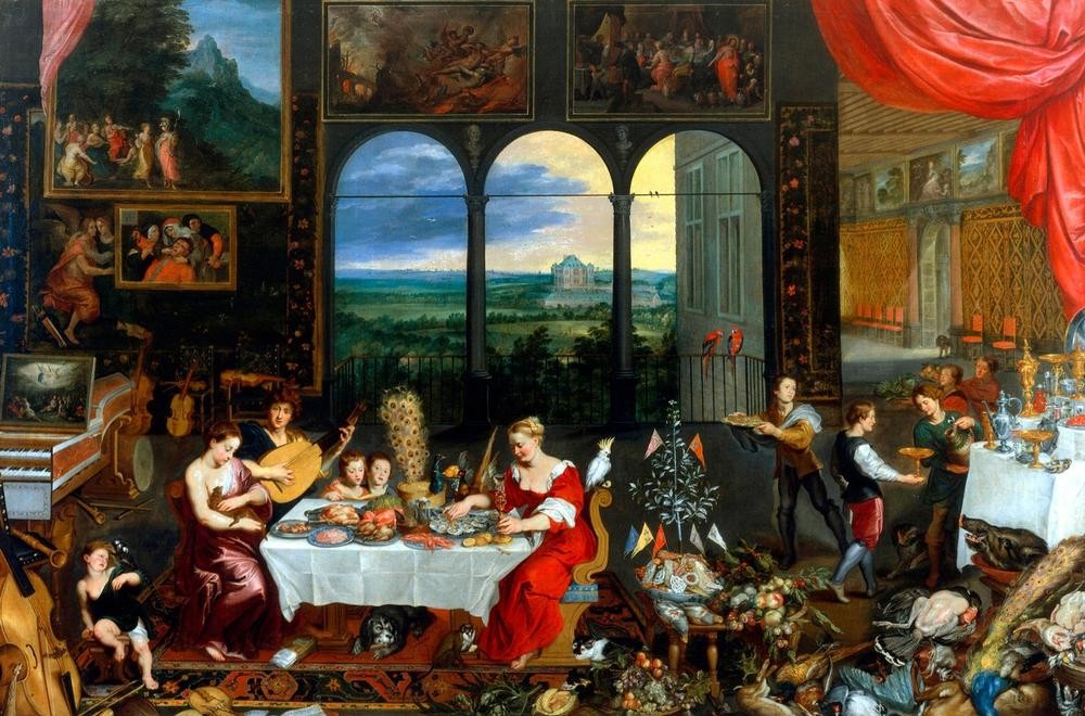 Jan Brueghel der Ältere, Allegorie der Sinne (Essen Und Trinken,Katze (Tier),Medizin,Musik,Physiologie,Saiteninstrument,Tafelsitten,Barock,Instrument,Hund,Trinken,Pfau,Bild Im Bild,Buffet (Essen),Geflügel,Interieur,Auster,Fünf Sinne,Gehör,Wandschmuck,Geschmackssinn,Gedeckter Tisch,Gefühl (Stimmung),E)