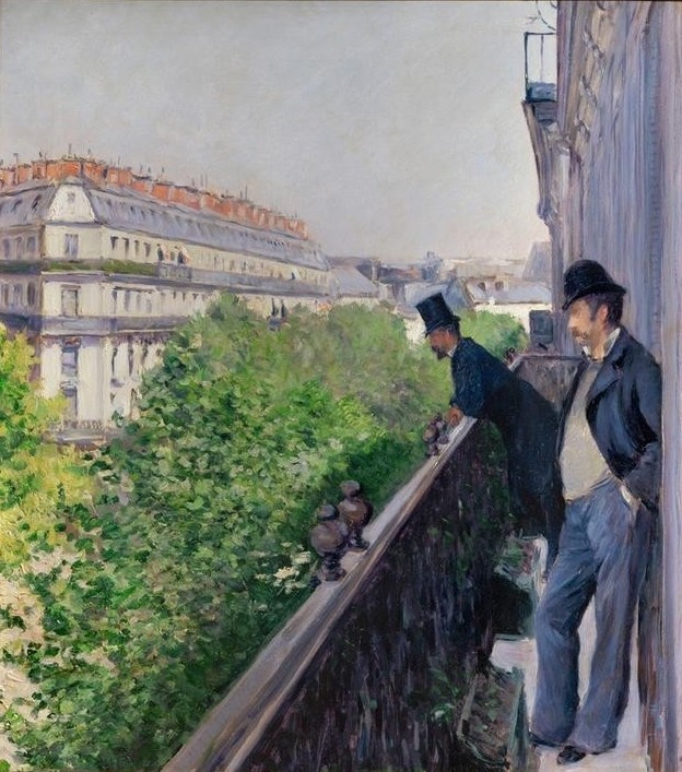 Gustave Caillebotte, Un balcon, Boulevard Haussmann (Architektur,Balkon,Geographie,Herrenmode,Kopfbedeckung,Mann,Mode,Wohnung,Zylinder (Hut),Impressionismus,Grossstadt,Langeweile,Stadtansicht,Architekturdarstellung,Französische Kunst,Kleidung (Allgemein),Boulevard,Zuschauer,Topographie,Ausblick)