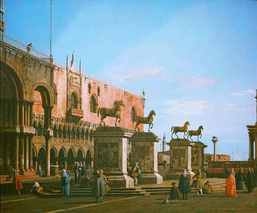 Giovanni Antonio Canaletto, Capriccio der Piazzetta mit den Pferden von San Marco (Capriccio,Bronzepferde, Pizetta, Dogenpalast, Denkmal, Architektur, Städte, Venedig,    e, Barock, Klassiker, Wunschgröße, Wohnzimmer)