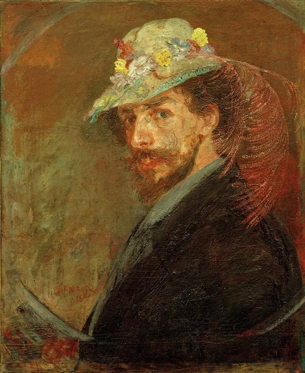 James Ensor, Ensor au chapeau fleuri (Damenhut,Grafiker,Kopfbedeckung,Künstler,Kunst,Maler (Künstler),Mann,Mode,Impressionismus,Bart,Hut,Selbstbildnis,Symbolismus,Radierer,Portrait,Feder,Travestie,Transvestitismus,Phantastische Kunst,Belgische Kunst,Kleidung (Allgemein),Blume,Mann In Frauenro)