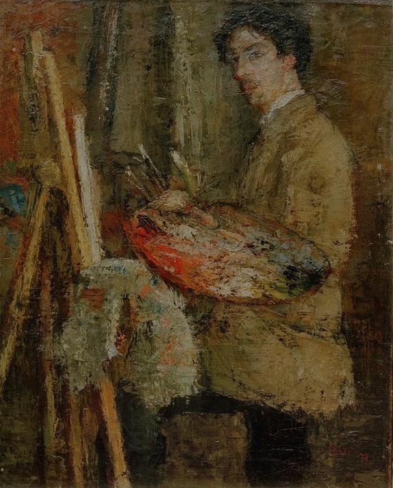 James Ensor, Portrait de l’artiste au chevalet (Grafiker,Künstler,Kunst,Maler (Künstler),Mann,Staffelei,Impressionismus,Selbstbildnis,Symbolismus,Künstler Bei Der Arbeit,Radierer,Portrait,Palette,Belgische Kunst,Braun,Kniestück,Person,Junger Mann,Farbe)