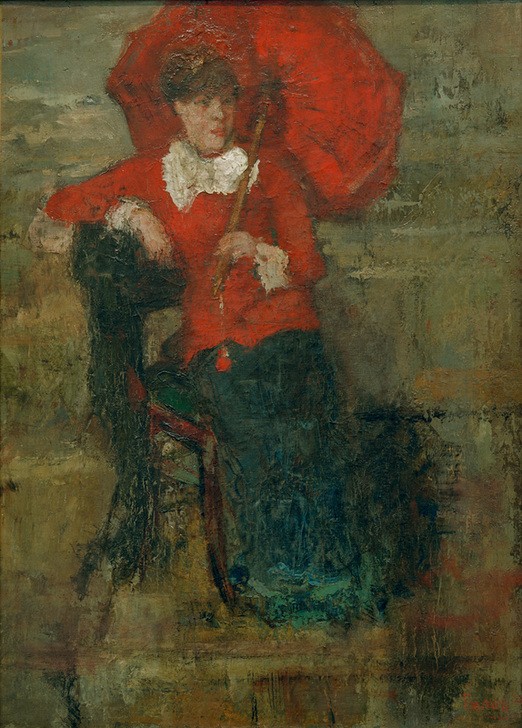 James Ensor, La Dame au parasol rouge (Damenmode,Frau,Kunst,Mensch,Mode,Portrait,Sonnenschirm,Belgische Kunst,Sitzen,Ganzfigurig,Schirm)