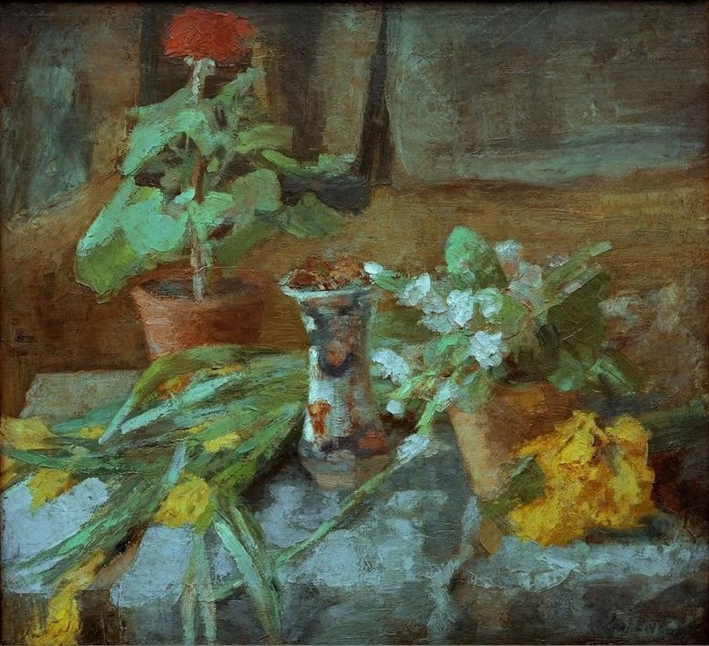 James Ensor, Nature morte au géranium (Kunst,Impressionismus,Stillleben,Topfpflanze,Belgische Kunst,Blume,Geranie)