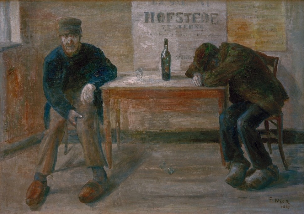 James Ensor, Les Pochards (Alkohol,Essen Und Trinken,Gastronomie,Gesellschaft,Kunst,Mann,Soziales,Genussmittel,Nahrungsmittel,Tisch,Alkoholismus,Betrunken,Belgische Kunst,Sucht,Branntweinausschank,Alkoholiker,Holzschuhe,Vollrausch,Schlafen (Schlaf))