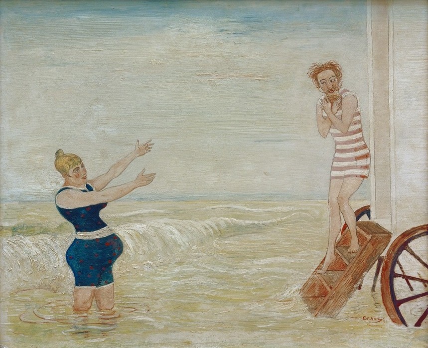 James Ensor, L’Appel de la sirène (Bademode,Erotik,Kunst,Mythologie,Freizeit,Seebad,Reise,Verführung,Badekarren,Schüchternheit,Belgische Kunst,Sexualität,Sirene (Fabelwesen),Wasserscheu,Griechisch-Römische Mythologie)