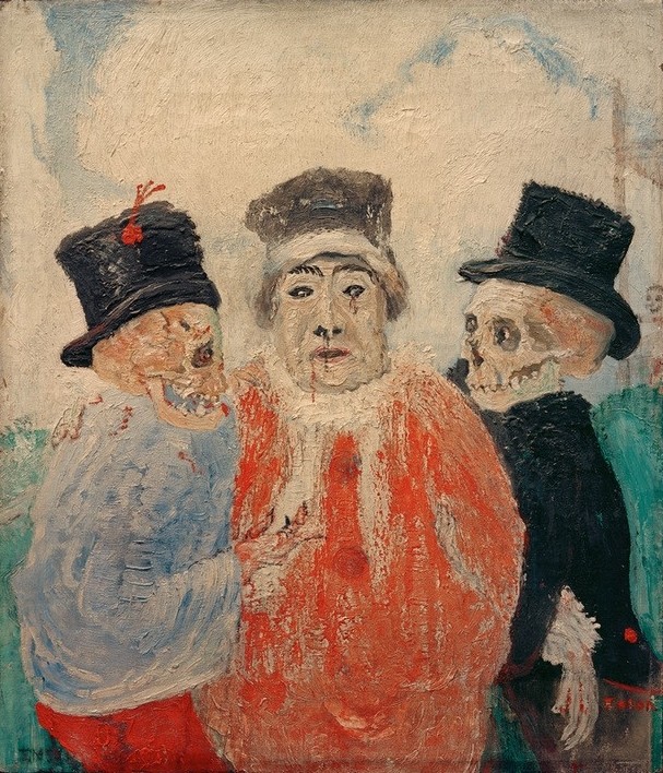 James Ensor, Le Juge rouge (Richter (Recht),Kopfbedeckung,Kunst,Mann,Mensch,Recht,Tod,Totentanz,Zylinder (Hut),Hut,Symbolismus,Knochenmann,Phantastische Kunst,Totenkopf,Belgische Kunst,Jahrhundertwende,Signatur)