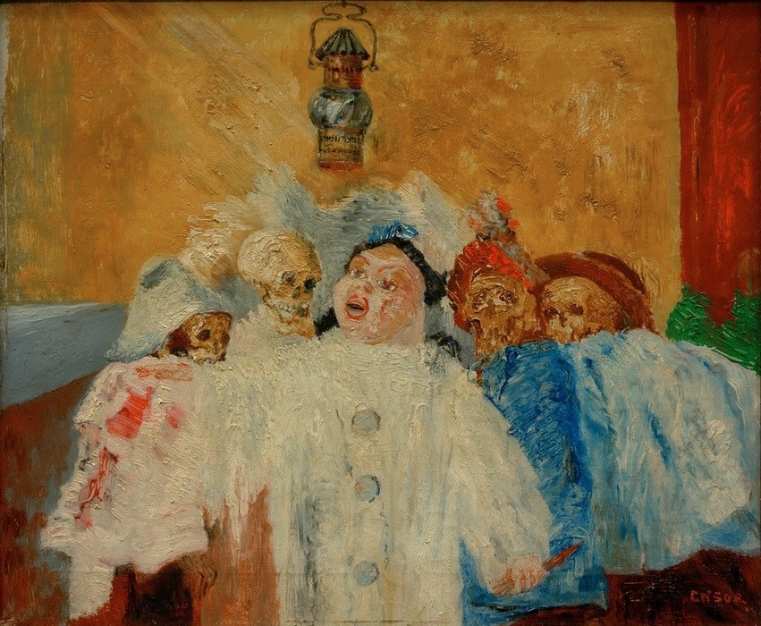 James Ensor, Pierrot et squelettes (Feste,Kalenderfeste,Kunst,Laterne,Maskerade,Mensch,Tod,Totentanz,Symbolismus,Phantastische Kunst,Pierrot,Belgische Kunst,Maske (Gegenstand),Karneval)