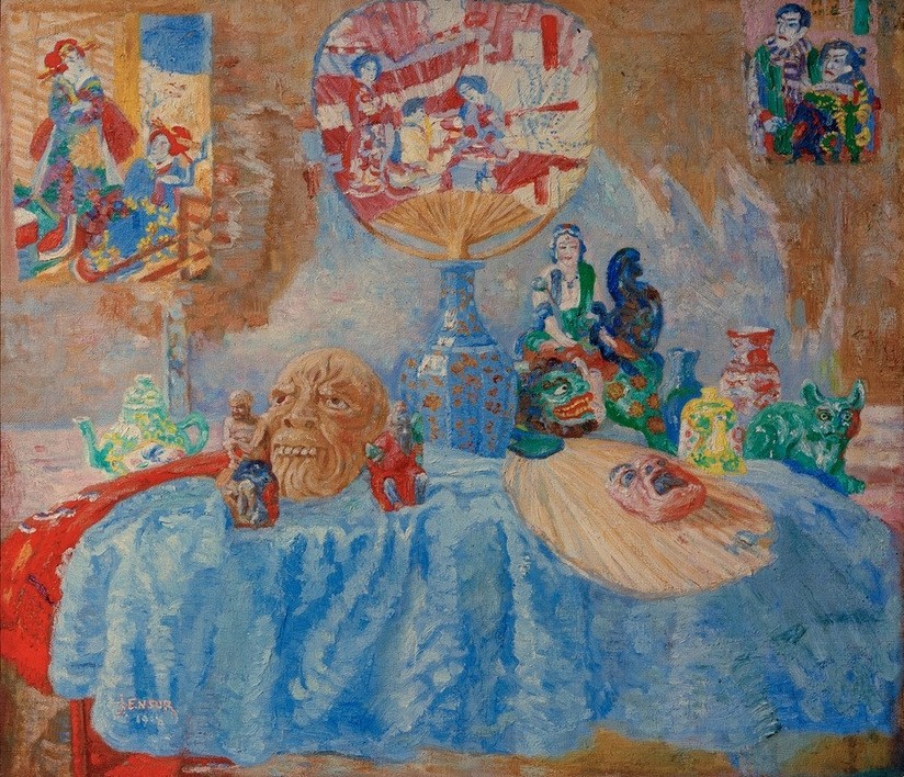 James Ensor, Chinoiseries (Fächer,Kunst,Symbolismus,Stillleben,Vase,Chinoiserie,Belgische Kunst,Japanmode,Skulptur Im Bild)