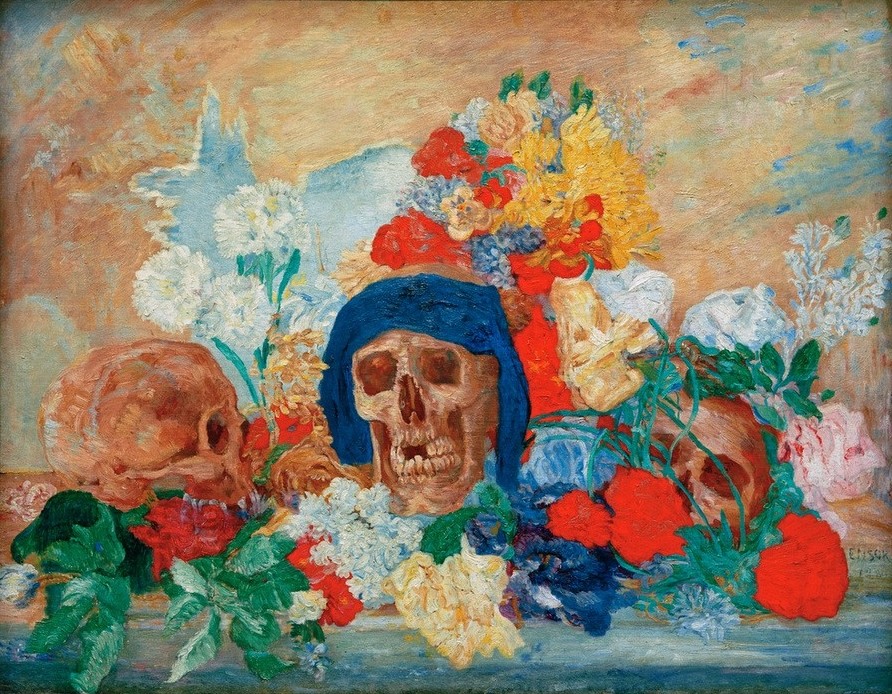 James Ensor, Crânes fleuris (Kunst,Tod,Symbolismus,Stillleben,Schädel,Vanitas,Totenkopf,Belgische Kunst,Blume)