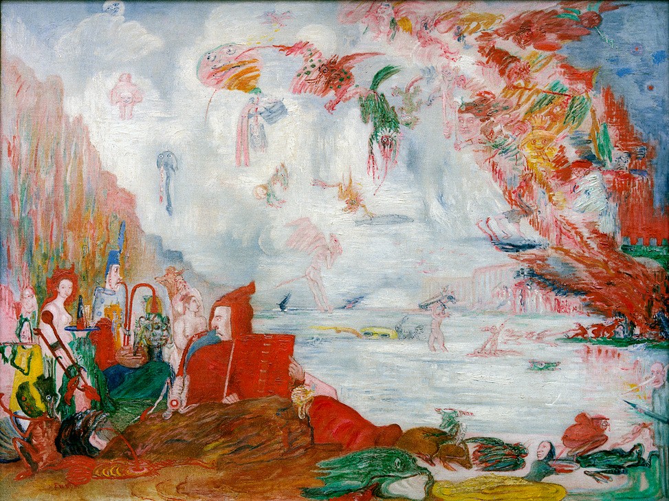 James Ensor, Les Tribulations de saint Antoine (Christentum,Heilige,Kunst,Landschaft,Maskerade,Religion,Symbolismus,Dämon,Vision,Teufel,Verführung,Halluzination,Heiligenlegende,Versuchung,Phantastische Kunst,Belgische Kunst,Heiliger,Les Xx,Verkleidung)