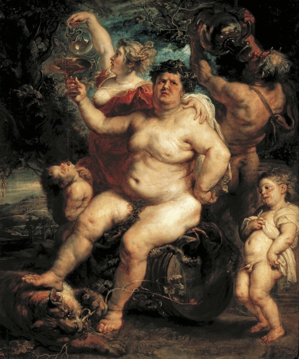 Peter Paul Rubens, Bacchus (Alkohol,Essen Und Trinken,Fettleibigkeit,Flämische Kunst,Herbst,Jahreszeiten,Kunst,Mann,Mythologie,Wein,Barock,Trinken,Akt,Allegorie,Alkoholismus,Niederländische Kunst,Urinieren,Ausgelassenheit,Griechisch-Römische Mythologie)