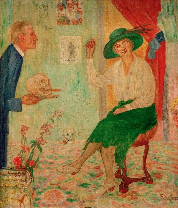 James Ensor, Les Fumeurs drolatiques (Kunst,Tabak,Zigarette,Zigarre,Genussmittel,Rauchen,Nahrungsmittel,Symbolismus,Gift,Totenkopf,Belgische Kunst,Nikotin,Raucherin)