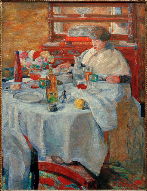 James Ensor, La Mangeuse d’huîtres (Essen Und Trinken,Frau,Kunst,Tafelsitten,Wein,Wohnung,Genussmittel,Nahrungsmittel,Symbolismus,Mittagessen,Speisezimmer,Tischtuch,Interieur,Bürgertum,Auster,Wohlstand,Belgische Kunst,Trinkwasser,Zitrone,Alltagskultur,Frauenleben,Karaffe,Delikatesse,Gedeckt)