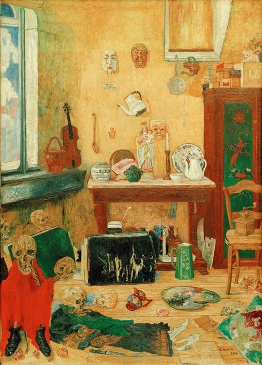 James Ensor, Squelettes à l’atelier (Atelier,Künstler,Kunst,Tod,Werkstatt (Allgemein),Skelett,Symbolismus,Bild Im Bild,Unordnung,Knochenmann,Stillleben,Schädel,Vanitas,Palette,Interieur,Phantastische Kunst,Totenkopf,Belgische Kunst,Jahrhundertwende,Signatur)