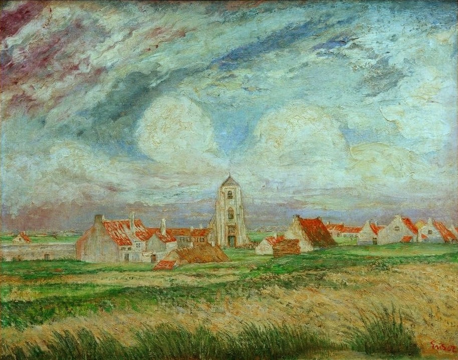 James Ensor, Vue de Mariakerke (Himmel (Natur),Kirche,Kunst,Landschaft,Meteorologie,Wolke,Symbolismus,Vedute,Stadtansicht,Belgische Kunst,Ansicht,Kirchturm,Jahrhundertwende)