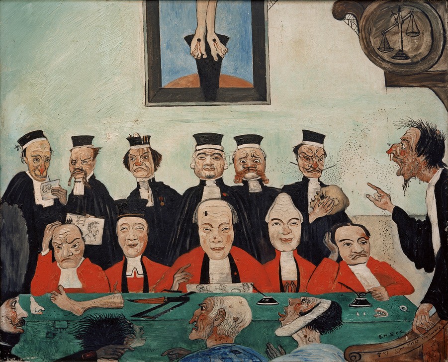 James Ensor, Les bons Juges (Anwalt,Beruf,Gericht (Justiz),Richter (Recht),Jurist,Karikatur,Kunst,Mann,Justiz,Prozess,Recht,Waage (Gerät),Symbolismus,Moral,Corpus Delicti,Phantastische Kunst,Totenkopf,Angeklagter,Belgische Kunst,Staatsanwalt,Gesellschaftskritik,Plädoyer,Verteidiger,G)