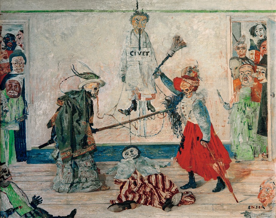 James Ensor, Squelettes se disputant un pendu (Flämische Kunst,Kunst,Leiche,Maskerade,Mensch,Selbstmord,Tod,Totentanz,Skelett,Symbolismus,Streit,Knochenmann,Phantastische Kunst,Belgische Kunst,Kampf,Erhängen,Maske (Gegenstand),Les Xx,Zweikampf,Verkleidung,Signatur)