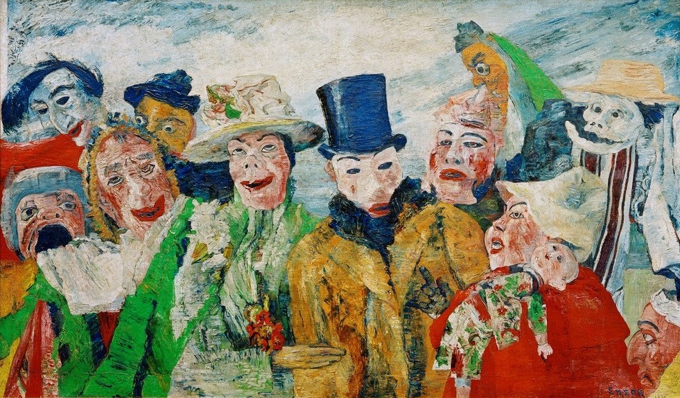 James Ensor, L’Intrigue (Feste,Gesellschaft,Gruppenbild,Kalenderfeste,Kunst,Maskerade,Symbolismus,Dämon,Phantastische Kunst,Belgische Kunst,Gesellschaftskritik,Intrige,Maske (Gegenstand),Karneval)