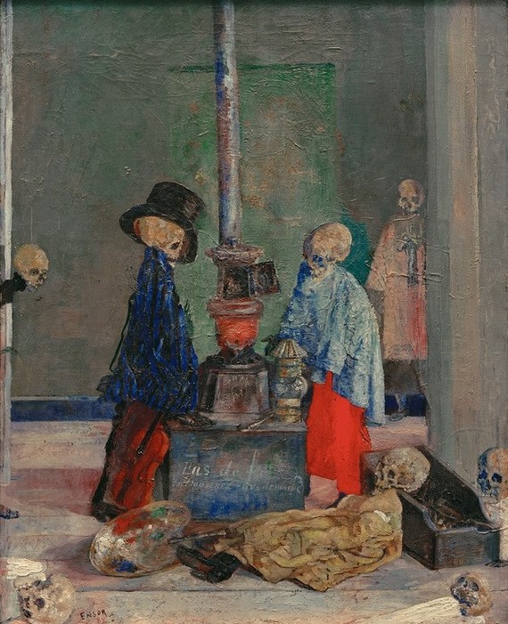 James Ensor, Squelettes voulant se chauffer (Gespenst,Heizung,Kunst,Mensch,Tod,Totentanz,Skelett,Symbolismus,Knochenmann,Schädel,Ofen (Heizung),Frieren,Phantastische Kunst,Totenkopf,Belgische Kunst,Untote,Totenreich,Unterwelt,Kanonenofen)