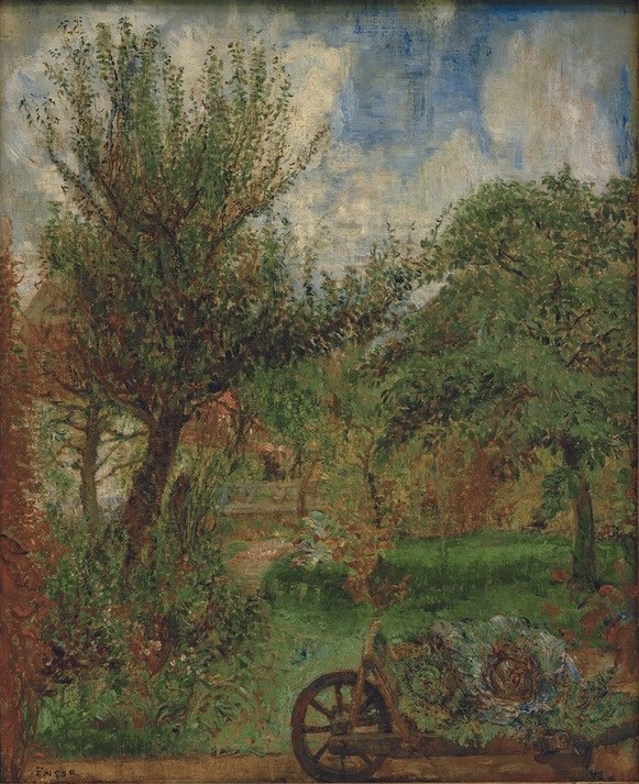 James Ensor, Le Jardin des Rousseau (Kunst,Landschaft,Obstgarten,Impressionismus,Hausgarten,Schubkarre,Belgische Kunst,Garten)