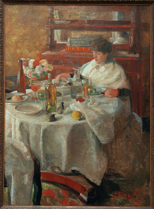 James Ensor, La Mangeuse d’huîtres (Essen Und Trinken,Frau,Kunst,Tafelsitten,Wein,Wohnung,Genussmittel,Nahrungsmittel,Symbolismus,Mittagessen,Speisezimmer,Tischtuch,Interieur,Bürgertum,Auster,Wohlstand,Belgische Kunst,Trinkwasser,Zitrone,Alltagskultur,Frauenleben,Karaffe,Delikatesse,Gedeckt)