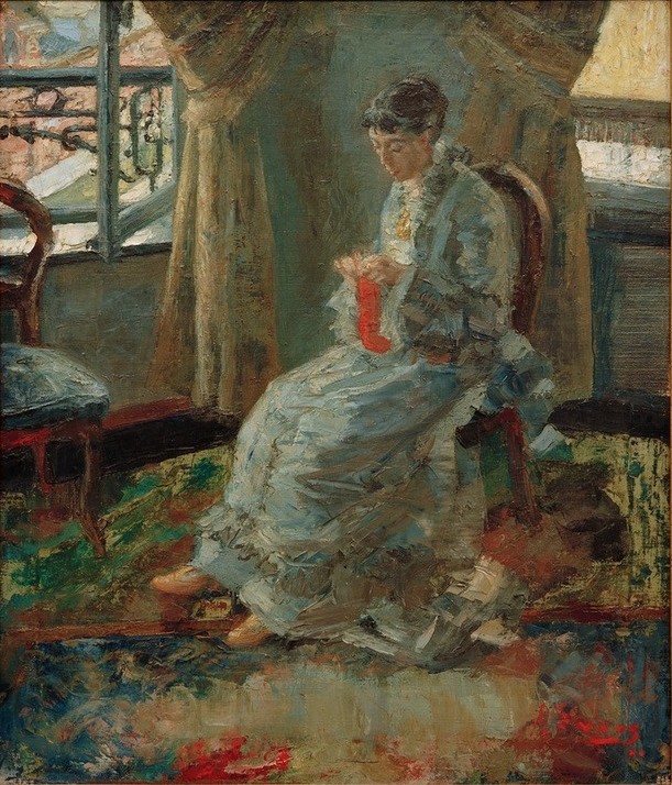 James Ensor, La Dame en bleu (Damenmode,Frau,Handarbeit,Kunst,Mensch,Mode,Impressionismus,Portrait,Interieur,Belgische Kunst,Frauenleben,Sitzen,Ganzfigurig)