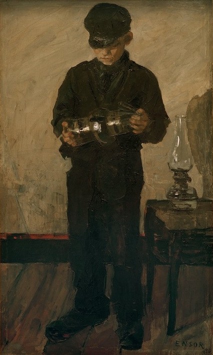 James Ensor, Le Lampiste (Kinderarbeit,Kind,Kunst,Lampenputzer,Mensch,Petroleumlampe,Impressionismus,Lampe,Portrait,Belgische Kunst,Knabe)