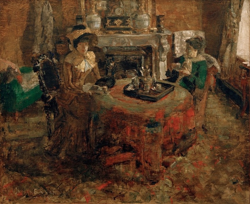 James Ensor, L’Aprèsmidi à Ostende (Besuch,Frau,Kunst,Nachmittagskaffee,Tafelsitten,Wohnzimmer,Wohnung,Salon,Impressionismus,Genussmittel,Nahrungsmittel,Interieur,Bürgertum,Belgische Kunst,Frauenleben,Nachmittagstee)