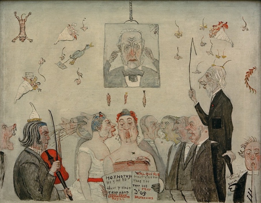James Ensor, Au Conservatoire (Chorgesang,Dirigent,Frau,Geiger,Gesang,Gruppenbild,Karikatur,Klarinette,Komponist,Konzert,Kunst,Mann,Musik,Oper,Opernsängerin,Sängerin,Geige,Instrument,Symbolismus,Bild Im Bild,Portrait,Probe,Widmung,Erbrechen,Belgische Kunst,Konservatorium,Klarinettist,S)