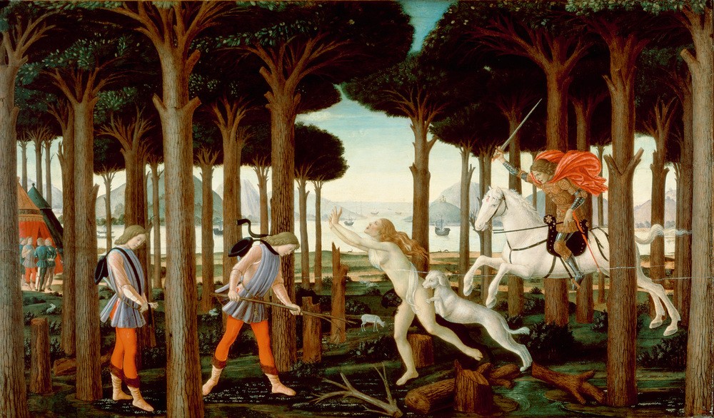 Sandro Botticelli, Die Geschichte des Nastagio degli Honesti I (Frau,Jagd,Kunst,Literatur,Rache,Renaissance,Hund,Akt,Sexismus,Grausamkeit,Jagdhund,Italienische Kunst,Truhenbild,Novelle,Hetzjagd,Menschenjagd,Vergeltungsaktion,Gebissenwerden,Person)