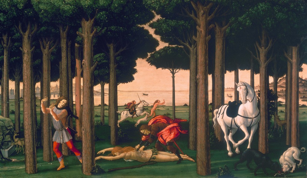Sandro Botticelli, Die Geschichte des Nastagio degli Honesti II (Frau,Jagd,Kunst,Leiche,Literatur,Rache,Renaissance,Hund,Akt,Sexismus,Grausamkeit,Jagdhund,Italienische Kunst,Truhenbild,Novelle,Leichenfledderei,Person)
