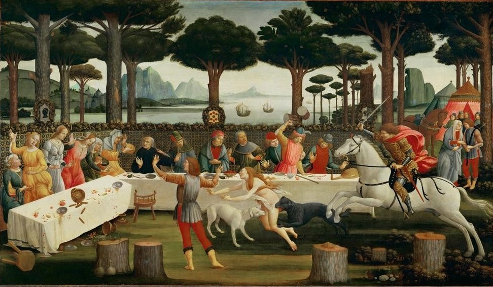 Sandro Botticelli, Die Geschichte des Nastagio degli Honesti III (Bankett,Frau,Jagd,Kunst,Literatur,Rache,Renaissance,Hund,Akt,Panik,Höfische Gesellschaft,Sexismus,Grausamkeit,Jagdhund,Italienische Kunst,Truhenbild,Entsetzen,Novelle,Hetzjagd,Menschenjagd,Vergeltungsaktion,Abschreckung,Gebissenwerden,Person,Essen Im Frei)