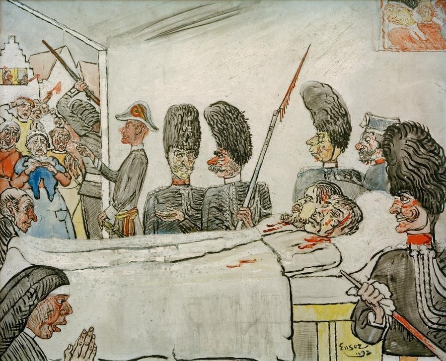 James Ensor, Les Gendarmes (Arbeiterbewegung,Blut,Fischer,Fischerei,Geld,Gesellschaft,Geschichte,Karikatur,Kopfbedeckung,Kunst,Leiche,Polizei,Recht,Soziales,Streik,Tod,Waffe,Symbolismus,Uniform,Gendarm,Strassenkampf,Bajonett,Aufstand,Nonne,Pelzmütze,Belgische Kunst,Gesellschaftskrit)