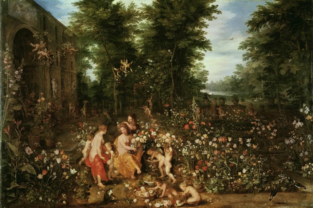 Jan Brueghel der Ältere, Flora im Blumengarten (Mythologie,Rose,Tulpe,Barockgarten,Barock,Frühling,Niederländische Kunst,Ziergarten,Blume,Griechisch-Römische Mythologie,Garten)