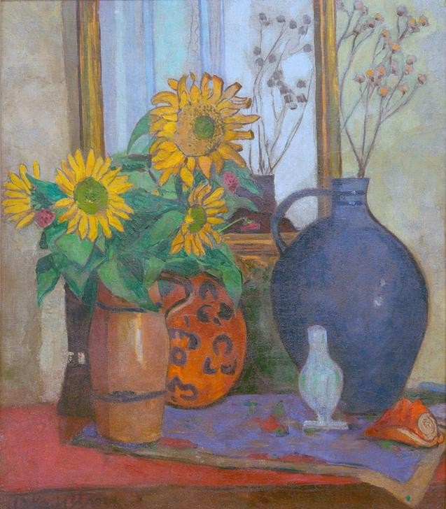 Oskar Moll, Sonnenblume mit Matisse-Schale (Sonnenblumen, Stillleben, Blumenstrauss, Vase, Blume,  Klassische Modern, Malerei, Expressionismus, Esszimmer, Wohnzimmer, Wunschgröße)