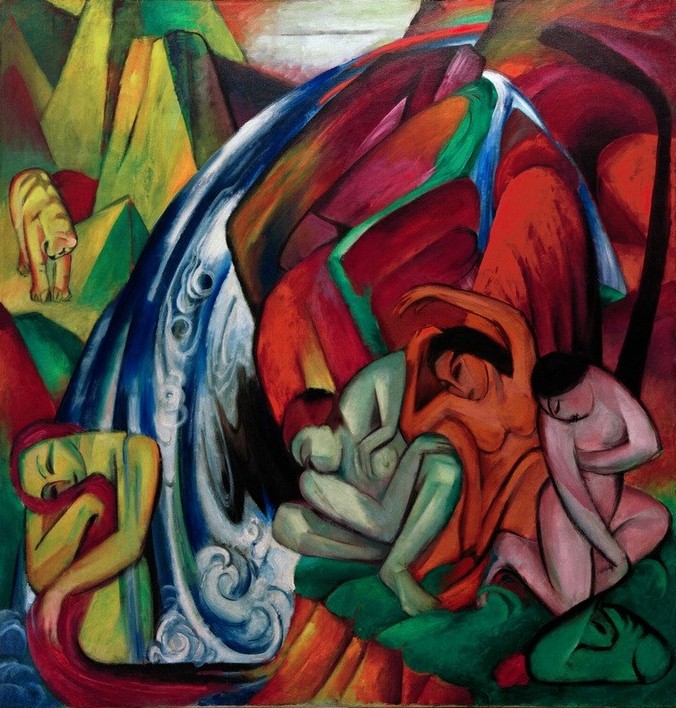 Franz Marc, Der Wasserfall (Frauen unter einem Wasserfall) (Körperpflege,Bad Im Freien,Bad,Deutsche Kunst,Frau,Wasserfall,Akt,Der Blaue Reiter)