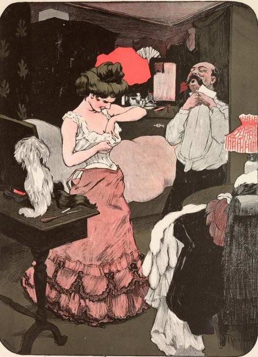 nach Ferdinand von Reznicek, Zu Hause. / Jessas, da is ja der Zwicker vom Herrn Bezirksamtmann (Ball (Gesellschaft),Bett,Deutsche Kunst,Ehepaar,Gesellschaft,Jugendstil,Karikatur,Liebe Und Ehe,Nachtleben,Privatleben,Schlafzimmer,Wohnung,Tageszeiten,Abend,Entkleiden,Eheleben,Kleinbuergertum)