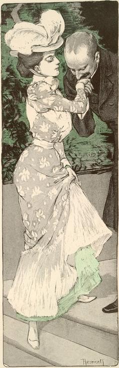 Ferdinand von Reznicek, Zarter Wink. / Seitdem ich Ihnen sagte, daß ich meinen ... (Abschied (Verabschieden),Benehmen,Damenmode,Deutsche Kunst,Gesellschaft,Handkuss,Jugendstil,Karikatur,Mode,Kavalier (Person),Höflichkeit,Jahrhundertwende,Gutes Benehmen)