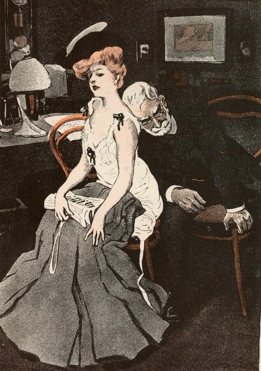 nach Ferdinand von Reznicek, Beim Arzt. / Ich glaube, der Mensch ist eingeschlafen (Arzt,Deutsche Kunst,Diagnose,Erotik,Jugendstil,Karikatur,Medizin,Tuberkulose,Auskultation,Sprechstunde,Diagnostik,Frotteur,Sprechzimmer)