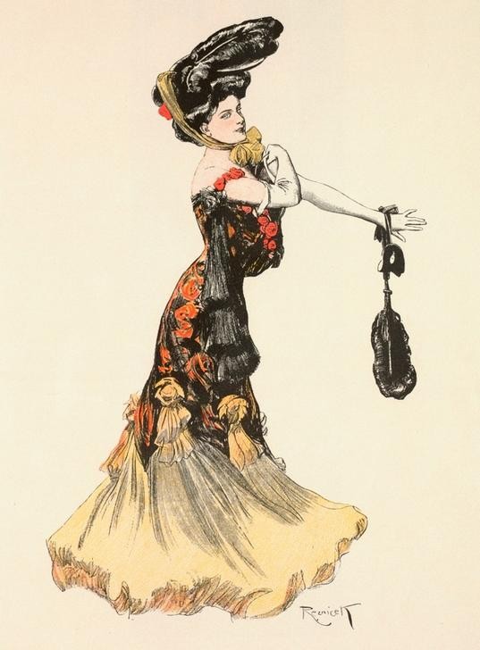 Ferdinand von Reznicek, Das Resultat. / Der Karneval war lustig! Von meinen Freunden sind zwei unter Kuratel und einer in Untersuchungshaft. (Damenhut,Damenmode,Deutsche Kunst,Handtasche,Jugendstil,Mode,Ballkleid,Eleganz,Jahrhundertwende)