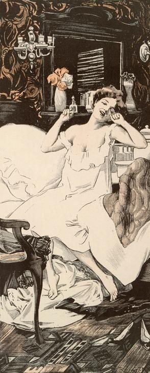 , Höhere Töchter. / Seitdem mich Mama aus dem Institut genommen hat, habe ich kein unanständiges Buch mehr gelesen (Bett,Damenmode,Deutsche Kunst,Erwachen,Frau,Jugendstil,Karikatur,Mode,Schlafzimmer,Tageszeiten,Morgen,Nachthemd,Gähnen,Jugendliche,Frauenleben,Jahrhundertwende,Langschläfer,Schlafen (Schlaf),Höhere Tochter,Sich Strecken)