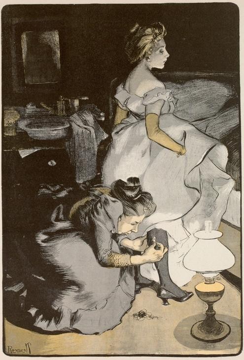nach Ferdinand von Reznicek, Vor dem Ball. / Ja siehste, das kommt davon, wenn man fünf... (Abendgarderobe,Ball (Gesellschaft),Deutsche Kunst,Feste,Frau,Handarbeit,Jugendstil,Karikatur,Mode,Petroleumlampe,Ankleiden,Mutter Und Tochter,Ballkleid,Nähen,Frauenleben,Damenstrumpf,Jahrhundertwende)