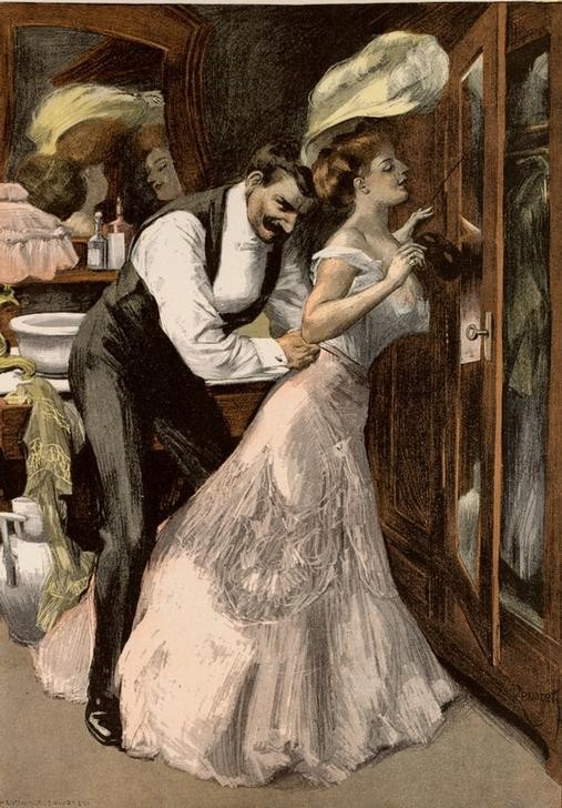 nach Ferdinand von Reznicek, Vor der Redoute. / Wieviel Zeit braucht eine Frau, um wenig anzuziehen (Abendgarderobe,Damenmode,Deutsche Kunst,Ehepaar,Jugendstil,Karikatur,Liebe Und Ehe,Mieder,Mode,Ankleiden,Eleganz,Jahrhundertwende,Eheleben,Gesellschaftskleidung,Schnürmieder)
