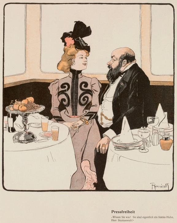 Ferdinand von Reznicek, Pressfreiheit. / Wissen Sie was! Sie sind ein fideles Huhn, Herr Staatsanwalt! (Deutsche Kunst,Gasthaus,Gastronomie,Jugendstil,Karikatur,Liebe Und Ehe,Mode,Restaurant,Jahrhundertwende,Verhältnis,Separee)
