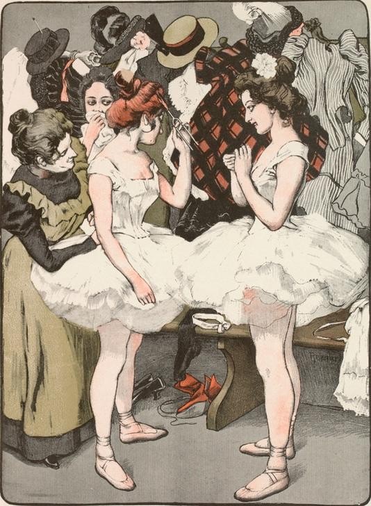 nach Ferdinand von Reznicek, Zur lex Heinze. / Ach Quatsch!  (Ballett,Deutsche Kunst,Jugendstil,Karikatur,Musik,Tänzerin,Tanz,Theater,Garderobe,Jahrhundertwende,Brennschere,Garderobiere (Theater Und Film))